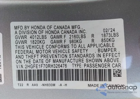 2024 Honda Civic Ex from USA, damaged, VIN 2HGFE1F70RH326476